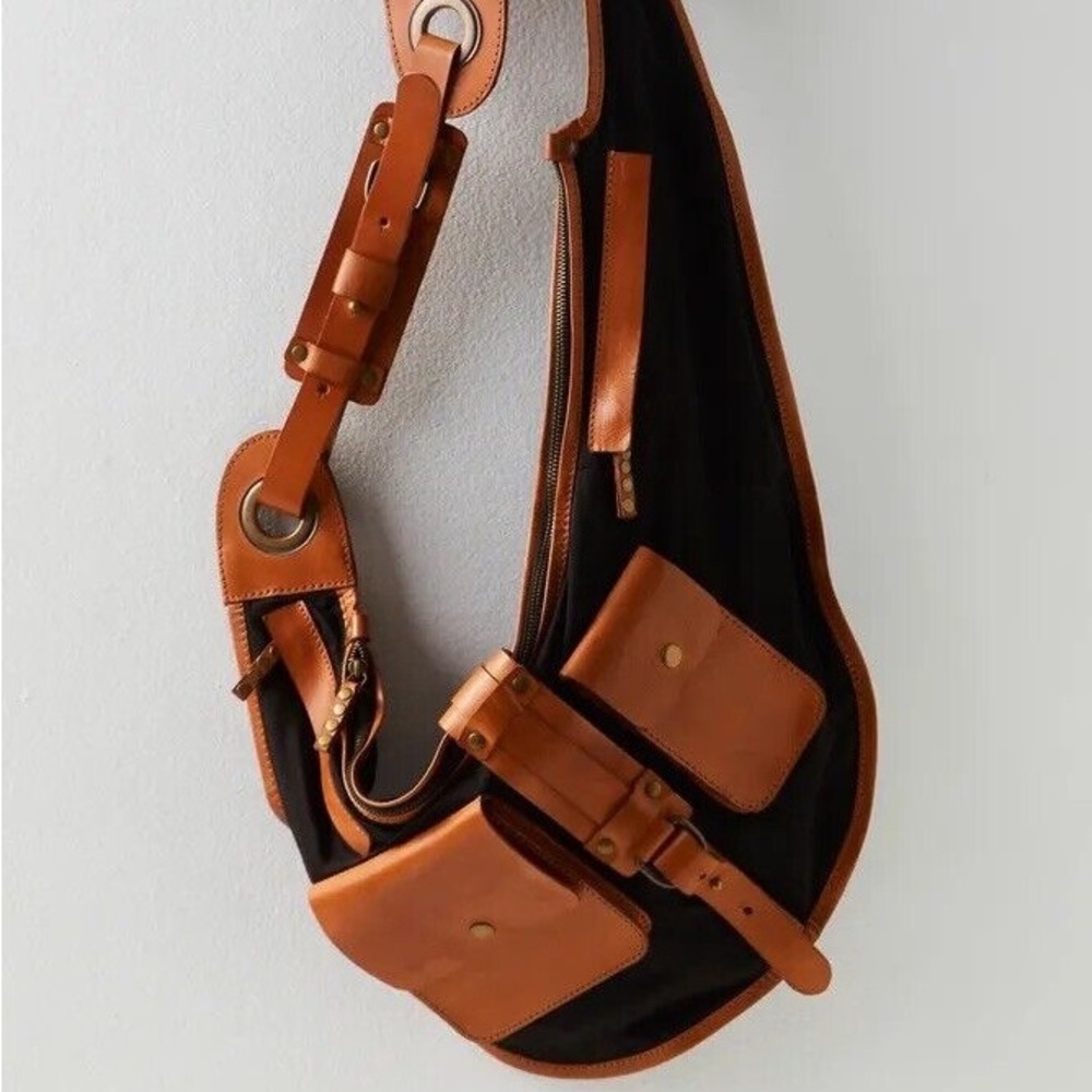 Free People Blue Ridge Sling Saddle Bag Black Brown Leather Crossbody Purse